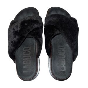 EUC LABUCQ MO Slides Sandal Genuine Leather Black Shearling IT 38 US 8 Luxury